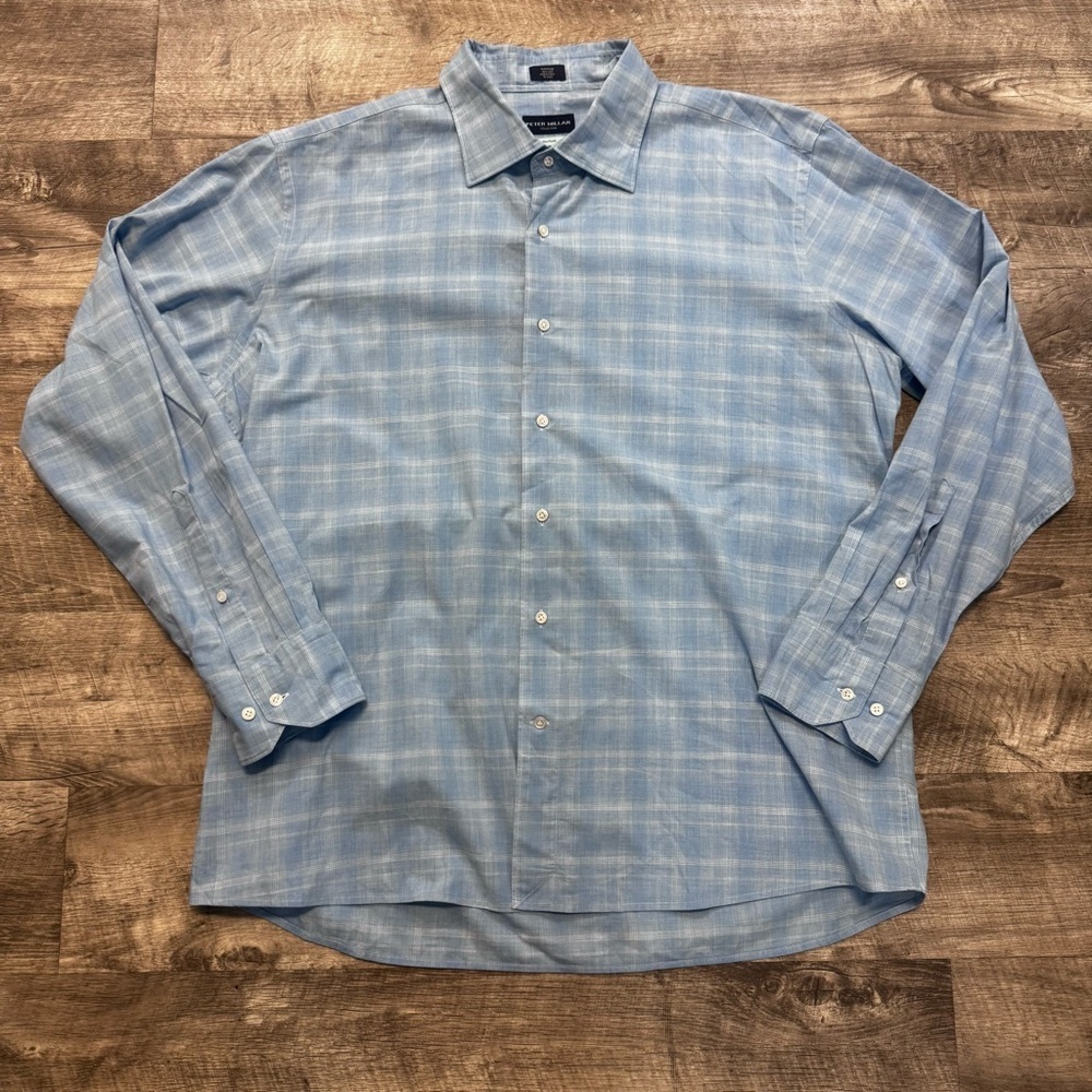 Peter Millar Flex Finish Long Sleeve Blue Plaid Button Down Shirt Mens XL